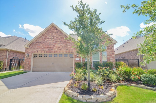 view of front of home featuring fence, brick siding, a garage, a gate, and driveway