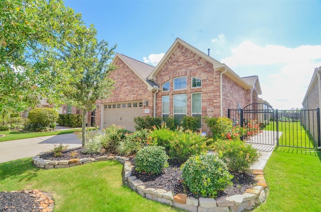 view of front of home with a front yard, a gate, brick siding, concrete driveway, and an attached garage