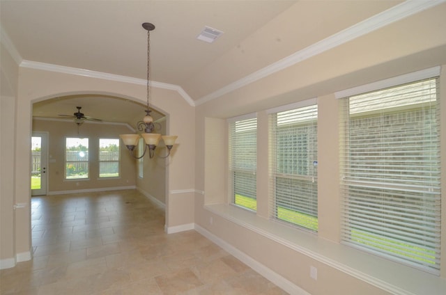 interior space with baseboards, ornamental molding, ceiling fan with notable chandelier, and visible vents