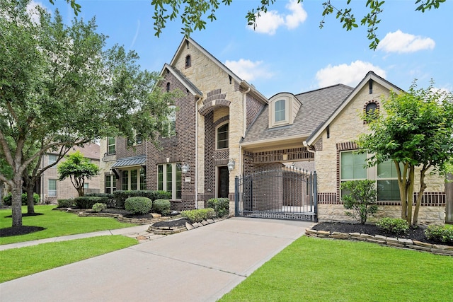 view of front facade with concrete driveway, a front yard, a gate, and stone siding