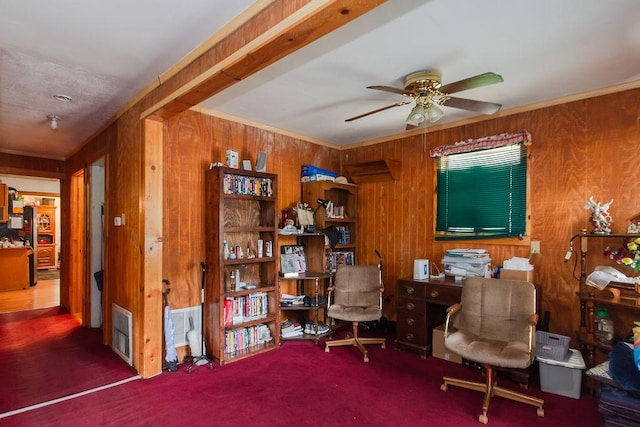 1817 Mcdaniel St, Houston, TX 77093 - carpeted office space with crown molding, ceiling fan, wood walls, and visible vents