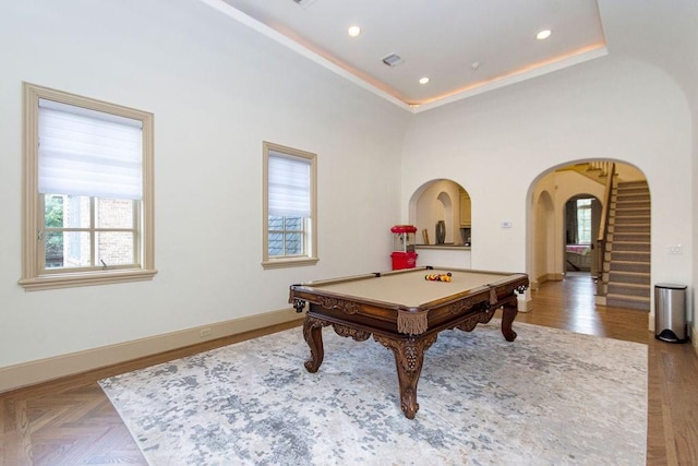 5262 Huckleberry Ln, Houston, TX 77056 - game room featuring arched walkways, pool table, baseboards, and recessed lighting