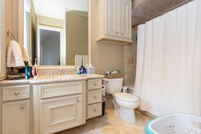 bathroom with crown molding, shower / tub combo with curtain, vanity, toilet, and tile patterned floors