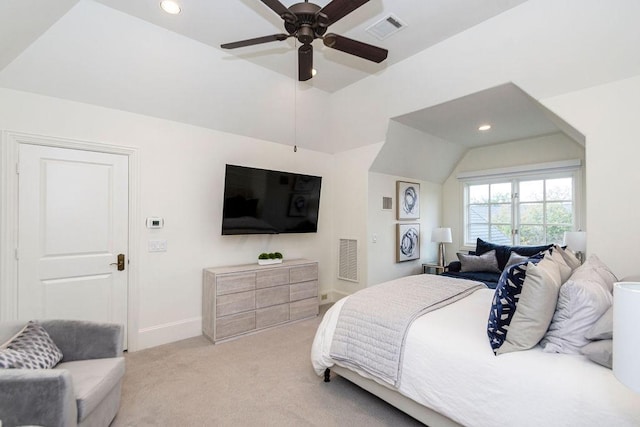 5262 Huckleberry Ln, Houston, TX 77056 - bedroom featuring light carpet, recessed lighting, vaulted ceiling, baseboards, and a ceiling fan