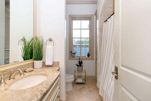 5262 Huckleberry Ln, Houston, TX 77056 - bathroom with toilet, vanity, curtained shower, and tile patterned floors