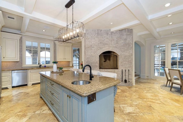 5262 Huckleberry Ln, Houston, TX 77056 - kitchen featuring stainless steel dishwasher, a sink, coffered ceiling, beam ceiling, and open floor plan