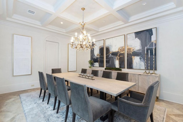 5262 Huckleberry Ln, Houston, TX 77056 - dining area with a chandelier, beamed ceiling, coffered ceiling, ornamental molding, and baseboards