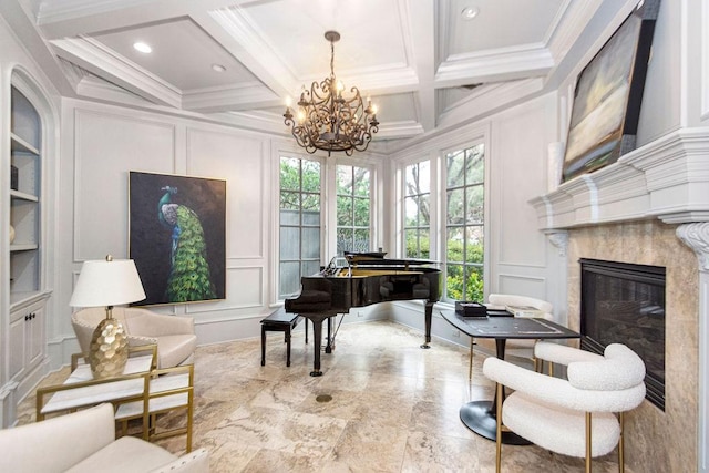 5262 Huckleberry Ln, Houston, TX 77056 - living area featuring a decorative wall, a chandelier, beamed ceiling, ornamental molding, and a fireplace
