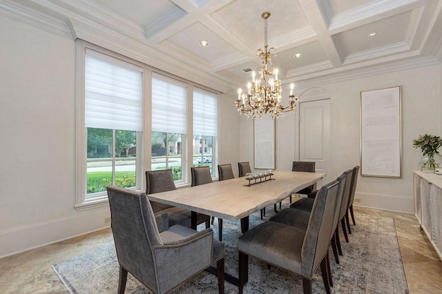 5262 Huckleberry Ln, Houston, TX 77056 - dining room featuring coffered ceiling, a chandelier, beamed ceiling, baseboards, and crown molding