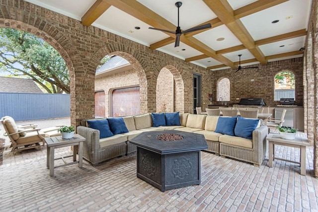 5262 Huckleberry Ln, Houston, TX 77056 - view of patio featuring an outdoor living space with a fire pit, a ceiling fan, and a sink