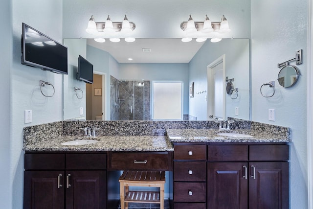 bathroom featuring a sink, a shower stall, and double vanity