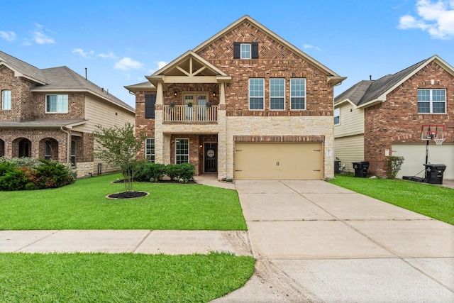 view of front of house featuring brick siding, a garage, a front yard, concrete driveway, and a balcony