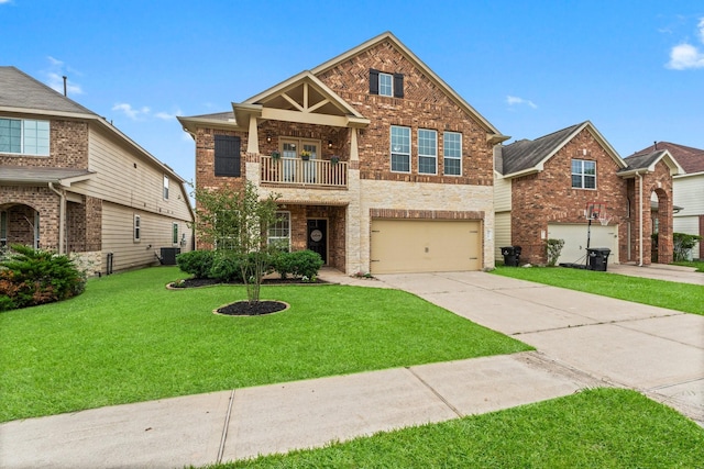 view of front of house with a garage, a balcony, cooling unit, brick siding, and concrete driveway
