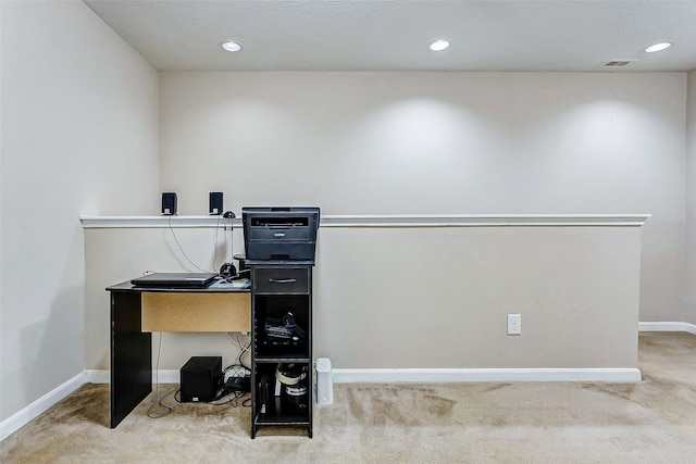office area featuring recessed lighting, baseboards, visible vents, and carpet