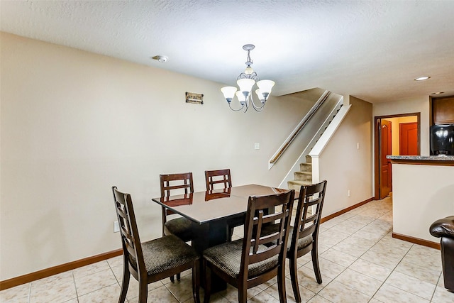dining space with stairs, baseboards, recessed lighting, light tile patterned floors, and a notable chandelier