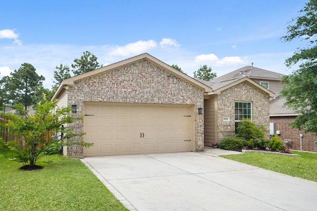 single story home with concrete driveway, brick siding, a front lawn, and a garage