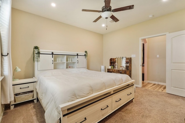 bedroom featuring ceiling fan, carpet flooring, and recessed lighting