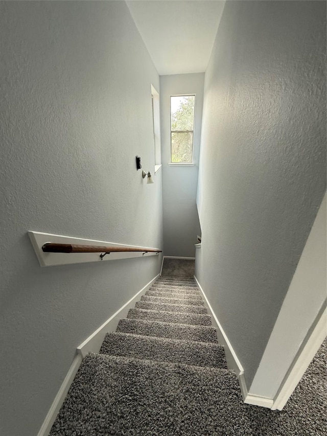 8127 Chancewood Ln, Humble, TX 77338 - staircase featuring baseboards, a textured wall, and carpet