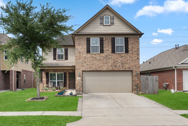 view of front of property featuring brick siding, fence, a front yard, and concrete driveway