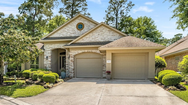 view of front of house featuring roof with shingles, an attached garage, driveway, and stone siding