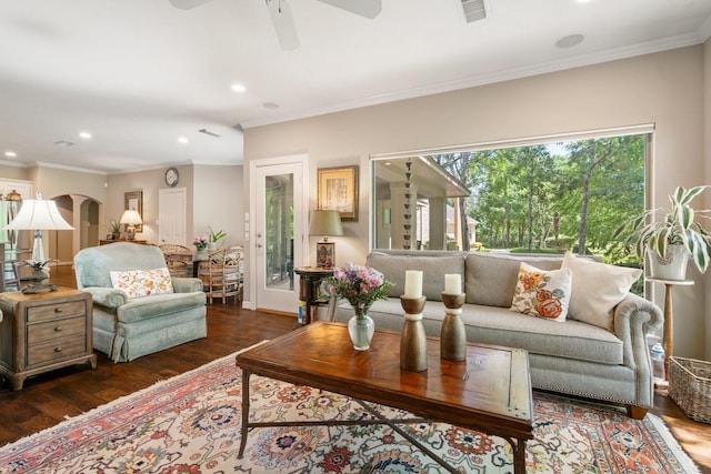living room with visible vents, wood finished floors, ceiling fan, recessed lighting, and arched walkways