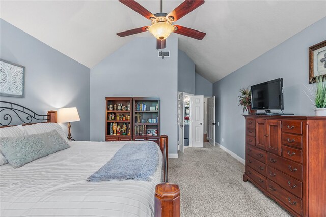 bedroom with ceiling fan, light colored carpet, visible vents, high vaulted ceiling, and baseboards