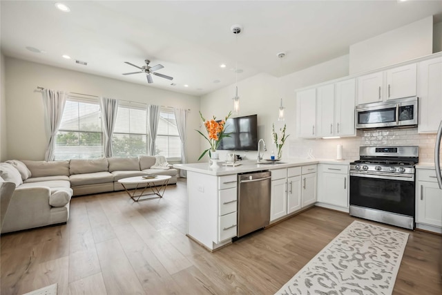 kitchen with ceiling fan, a sink, a peninsula, open floor plan, and stainless steel appliances
