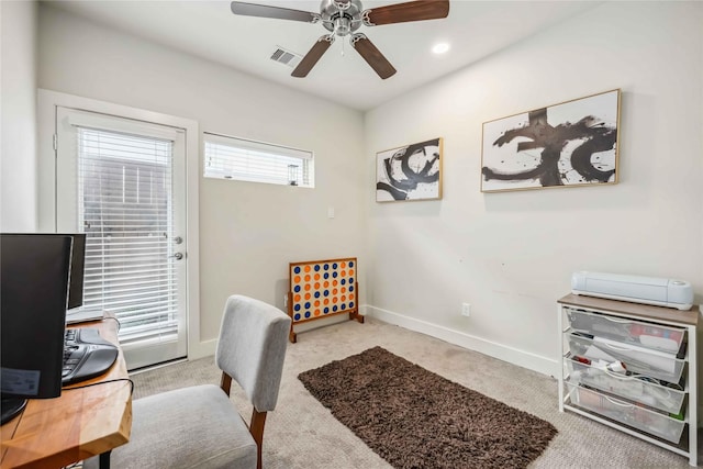 home office with ceiling fan, carpet, recessed lighting, baseboards, and visible vents