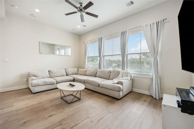 living area featuring ceiling fan, visible vents, light wood-type flooring, baseboards, and recessed lighting