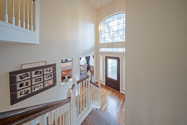 entrance foyer featuring wood finished floors, a notable chandelier, a wealth of natural light, and a towering ceiling
