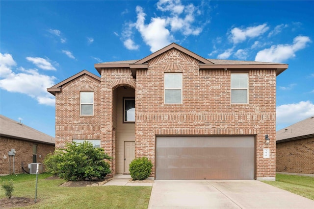 traditional home with concrete driveway, brick siding, central air condition unit, and a garage