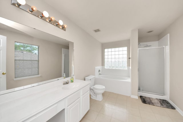 bathroom featuring vanity, a shower stall, a bath, and visible vents