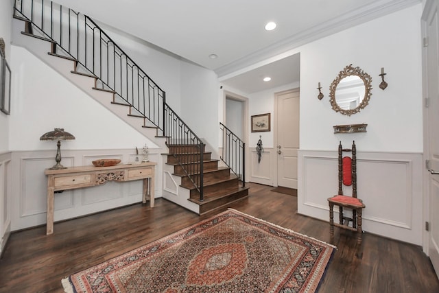 403 W Pierce St W, Houston, TX 77019 - foyer with stairway, a wainscoted wall, a decorative wall, wood finished floors, and recessed lighting