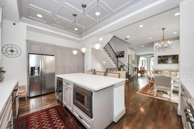 403 W Pierce St W, Houston, TX 77019 - kitchen with stainless steel appliances, wine cooler, gray cabinets, dark wood finished floors, and recessed lighting