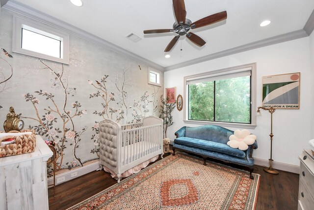 403 W Pierce St W, Houston, TX 77019 - bedroom featuring wood finished floors, a nursery area, recessed lighting, baseboards, and ornamental molding