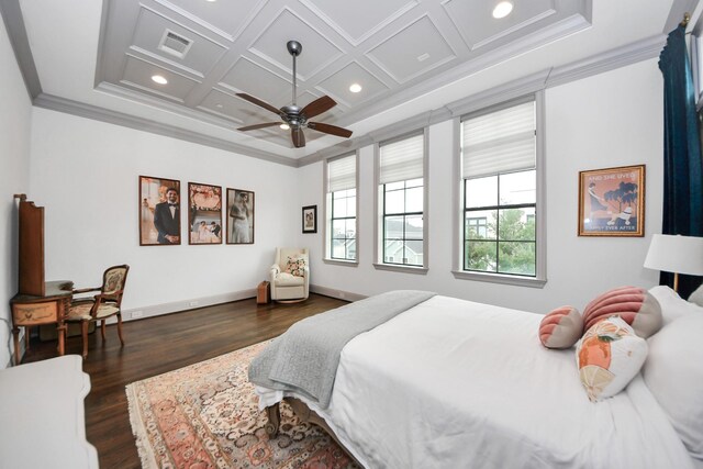 403 W Pierce St W, Houston, TX 77019 - bedroom featuring dark wood-style flooring, crown molding, recessed lighting, coffered ceiling, and baseboards