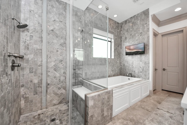 403 W Pierce St W, Houston, TX 77019 - full bath with a stall shower, a bath, and recessed lighting