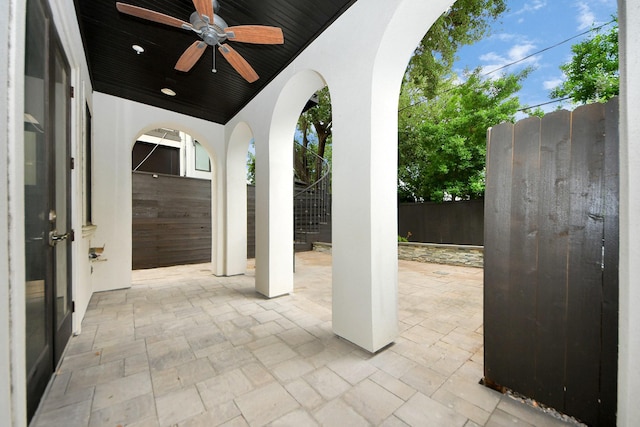 403 W Pierce St W, Houston, TX 77019 - view of patio featuring a ceiling fan, fence, and stairs