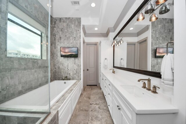 403 W Pierce St W, Houston, TX 77019 - bathroom with ornamental molding, a bath, double vanity, and recessed lighting