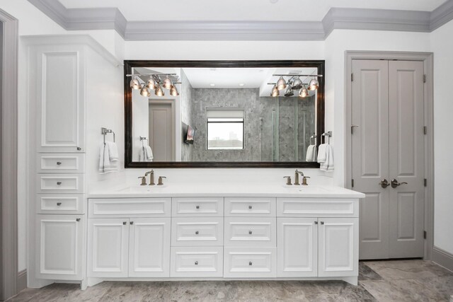403 W Pierce St W, Houston, TX 77019 - full bathroom with double vanity, crown molding, a shower, a chandelier, and marble finish floors