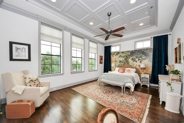 403 W Pierce St W, Houston, TX 77019 - bedroom featuring coffered ceiling, ornamental molding, dark wood-type flooring, recessed lighting, and baseboards