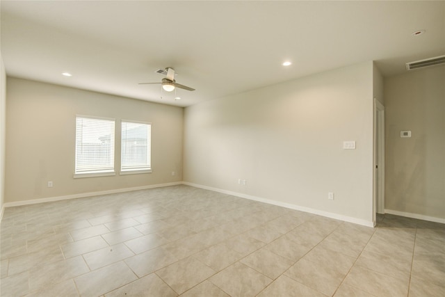 empty room featuring visible vents, baseboards, recessed lighting, a ceiling fan, and light tile patterned floors