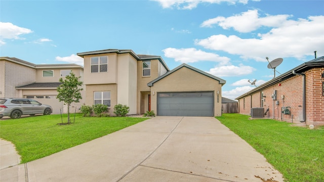 traditional-style home with a garage, cooling unit, driveway, and a front lawn