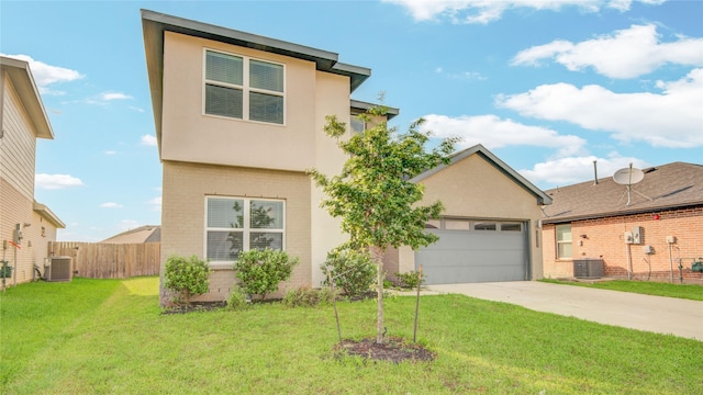 view of front of home with central air condition unit, brick siding, driveway, and fence