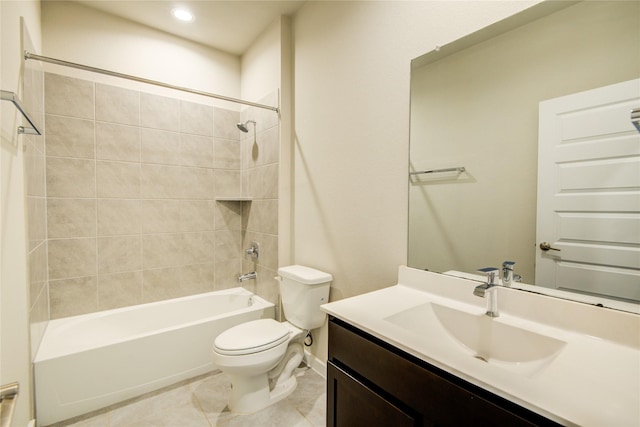bathroom with tile patterned floors, vanity, toilet, washtub / shower combination, and recessed lighting