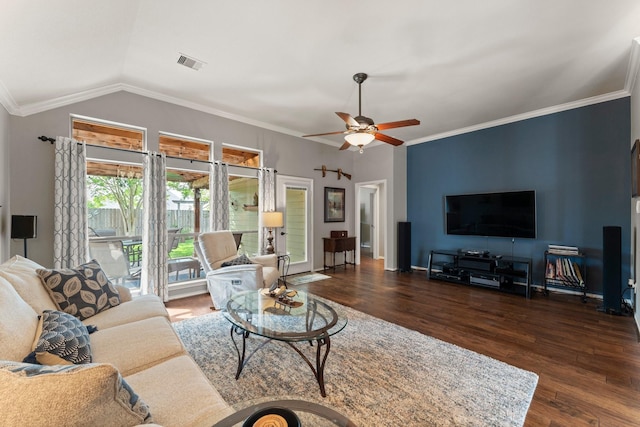 living area with visible vents, crown molding, ceiling fan, and wood finished floors