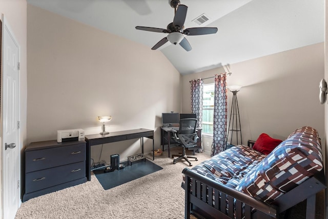 bedroom featuring visible vents, carpet floors, lofted ceiling, and ceiling fan