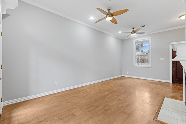 unfurnished living room featuring a ceiling fan, crown molding, baseboards, recessed lighting, and light wood-style flooring
