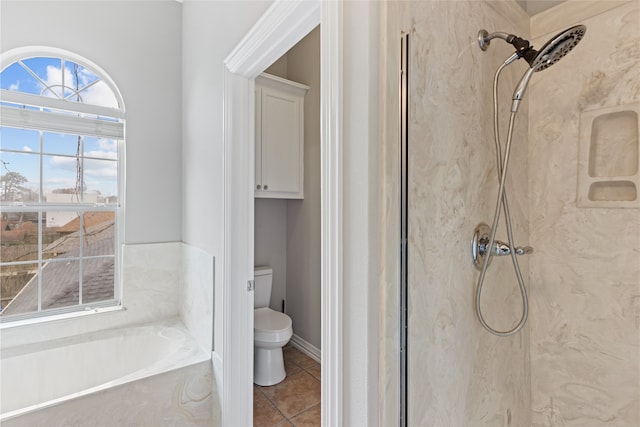 full bath with a marble finish shower, tile patterned floors, toilet, and a bath