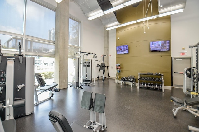 exercise room with plenty of natural light and a towering ceiling
